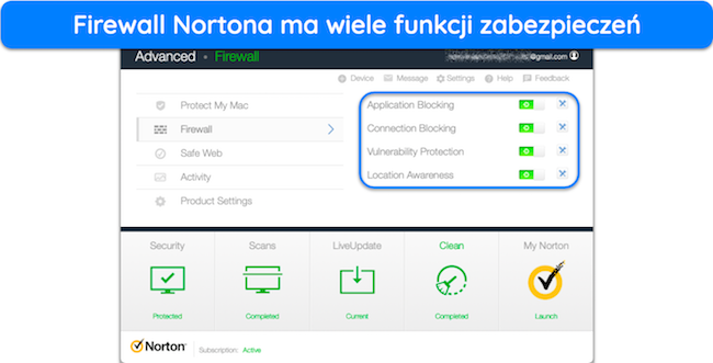 Zrzut ekranu przedstawiający funkcje zabezpieczeń w zaporze Norton