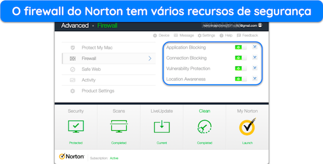 Captura de tela mostrando os recursos de seguran&ccedil;a do firewall do Norton