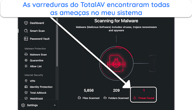 Captura de tela da verifica&ccedil;&atilde;o de v&iacute;rus do TotalAV em andamento