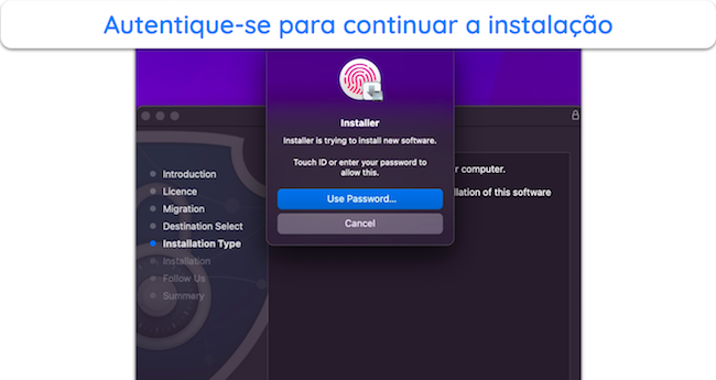 Captura de tela mostrando como se autenticar para instalar o Intego no macOS