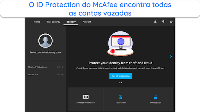 Captura de tela do recurso de prote&ccedil;&atilde;o de identidade da McAfee