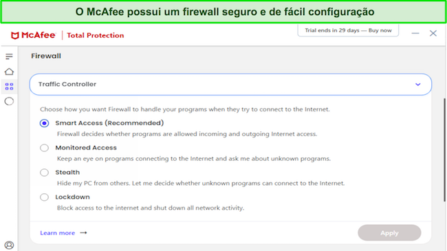 Captura de tela da personalização do firewall antivírus McAfee