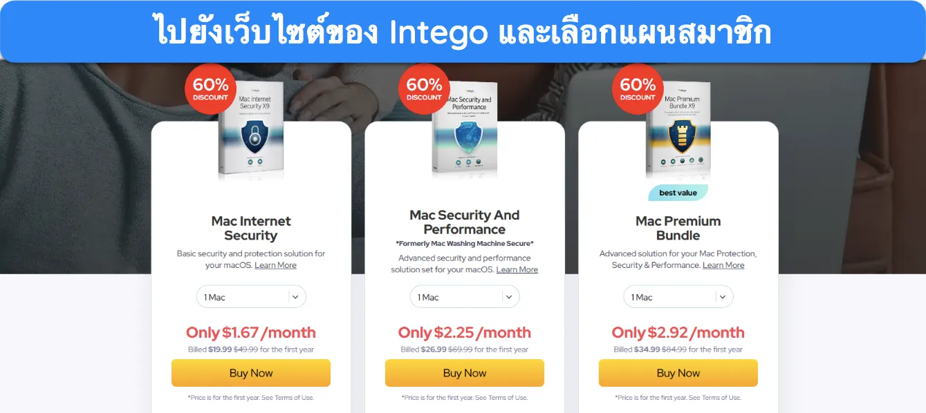 ภาพหน้าจอแสดงแผนราคาต่างๆ ของ Intego