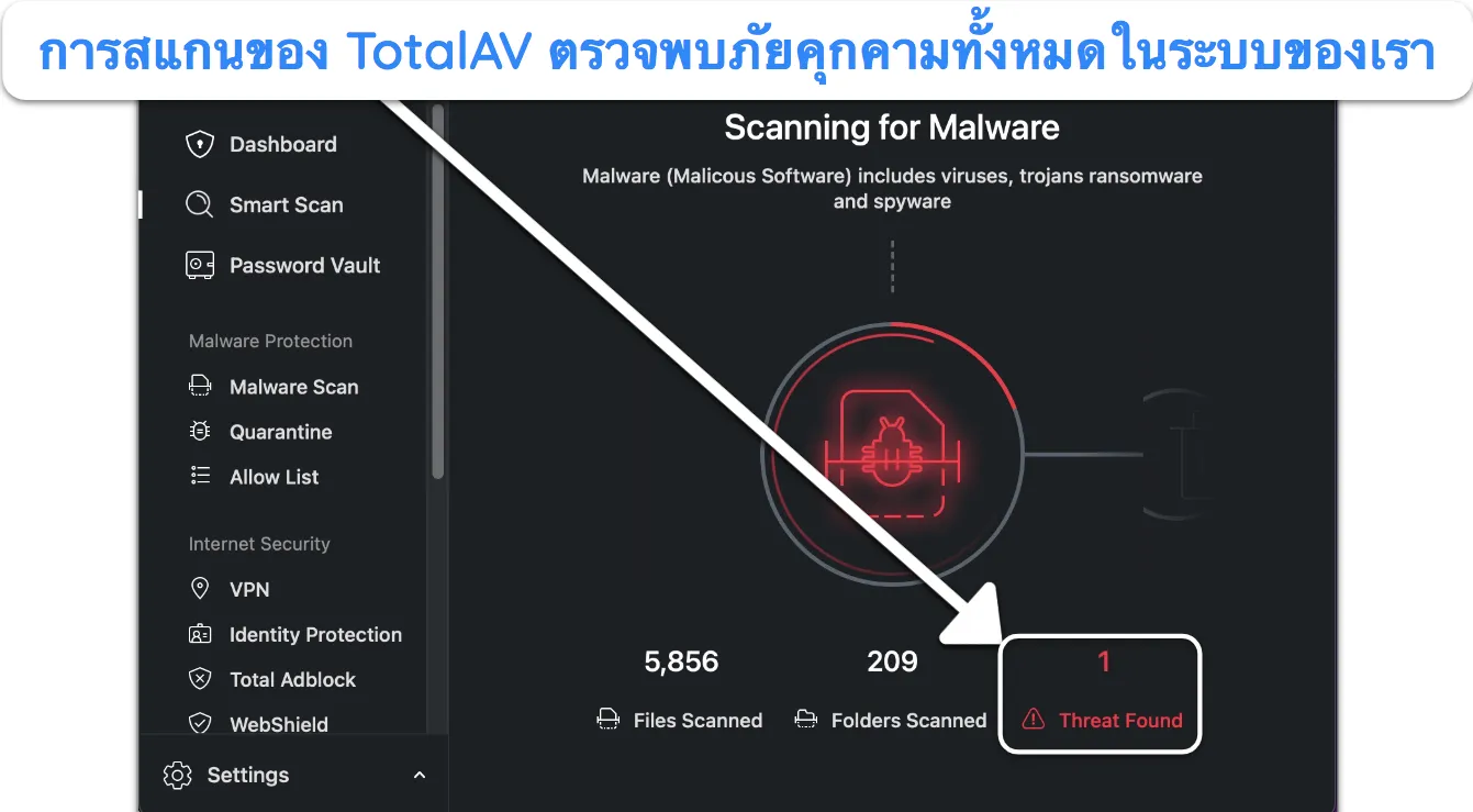 ภาพหน้าจอการสแกนไวรัสของ TotalAV ที่กำลังดำเนินการอยู่