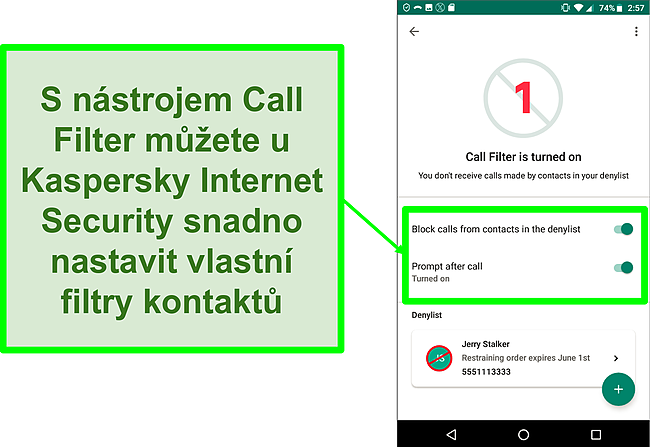 Snímek obrazovky s funkcí Filtr hovorů aplikace Kaspersky Internet Security na mobilním zařízení Android