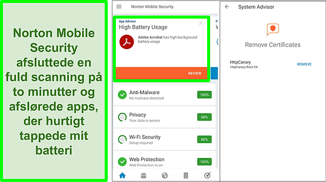 Skærmbillede af en scanning på Android ved hjælp af Norton Mobile Security