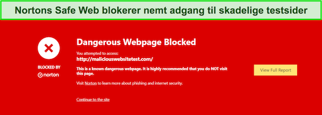 Norton-gennemgang, der viser sikkerhedsfunktion, hvor Safe Web blokerer adgang til malware-testwebsteder.