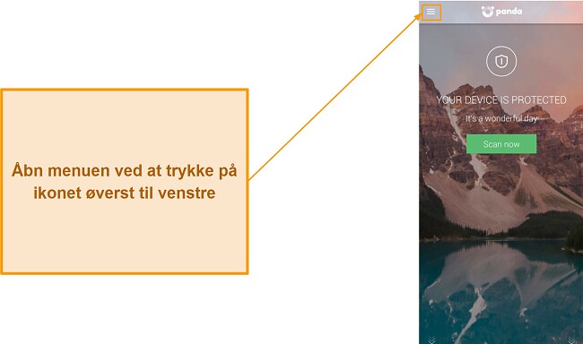 Åbning af hovedmenuen i Panda Dome