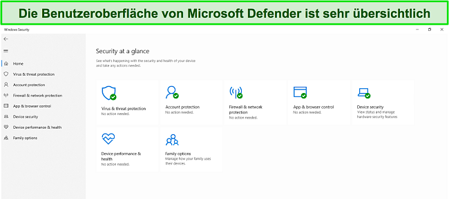 Screenshot des Hauptmen&uuml;s von Microsoft Defender