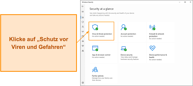 Screenshot, der zeigt, wie das Men&uuml; &bdquo;Viren- und Bedrohungsschutz&ldquo; von Microsoft Defender ge&ouml;ffnet wird
