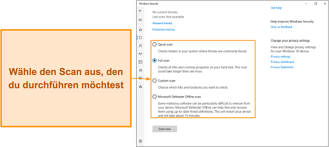 Screenshot der verschiedenen verf&uuml;gbaren Scantypen von Microsoft Defender