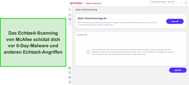 McAfee-Antivirus-Test zeigt das Echtzeit-Scan-Men&uuml; auf Englisch.