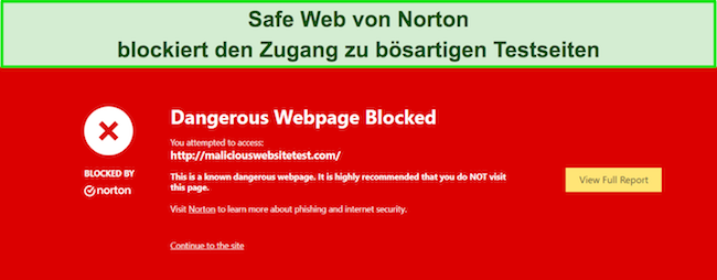 Norton-Test zeigt Sicherheitsfunktion, bei der Safe Web den Zugriff auf Malware-Testseiten blockiert.