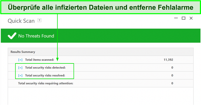 Screenshot, wo die Liste der infizierten Dateien nach dem vollst&auml;ndigen Scan zu &uuml;berpr&uuml;fen ist