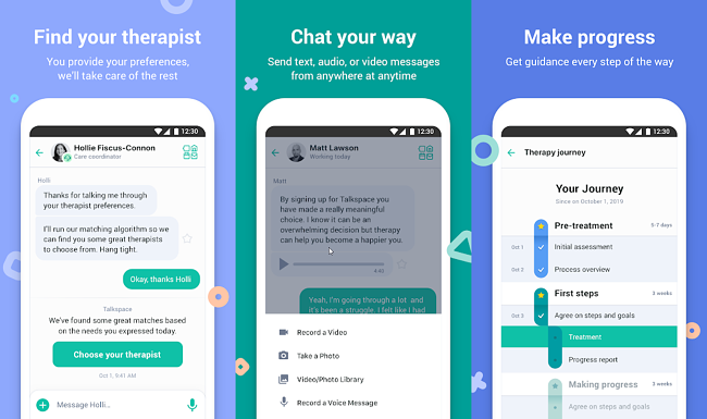 Screenshots from the Talkspace App