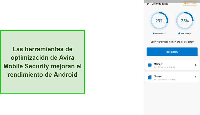 Captura de pantalla de las caracter&iacute;sticas de optimizaci&oacute;n de Avira Mobile Security