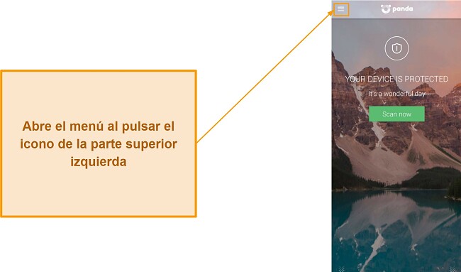 Captura de pantalla de la apertura del men&uacute; principal de Panda Dome