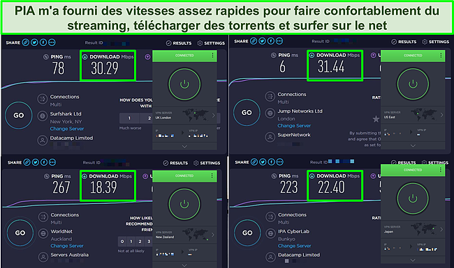 Capture d'&eacute;cran de 4 tests de vitesse effectu&eacute;s sur les serveurs de PIA