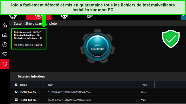 Capture d'&eacute;cran de l'application Windows d'iolo montrant une analyse compl&egrave;te du Bouclier syst&egrave;me avec plusieurs fichiers malveillants de test d&eacute;tect&eacute;s.