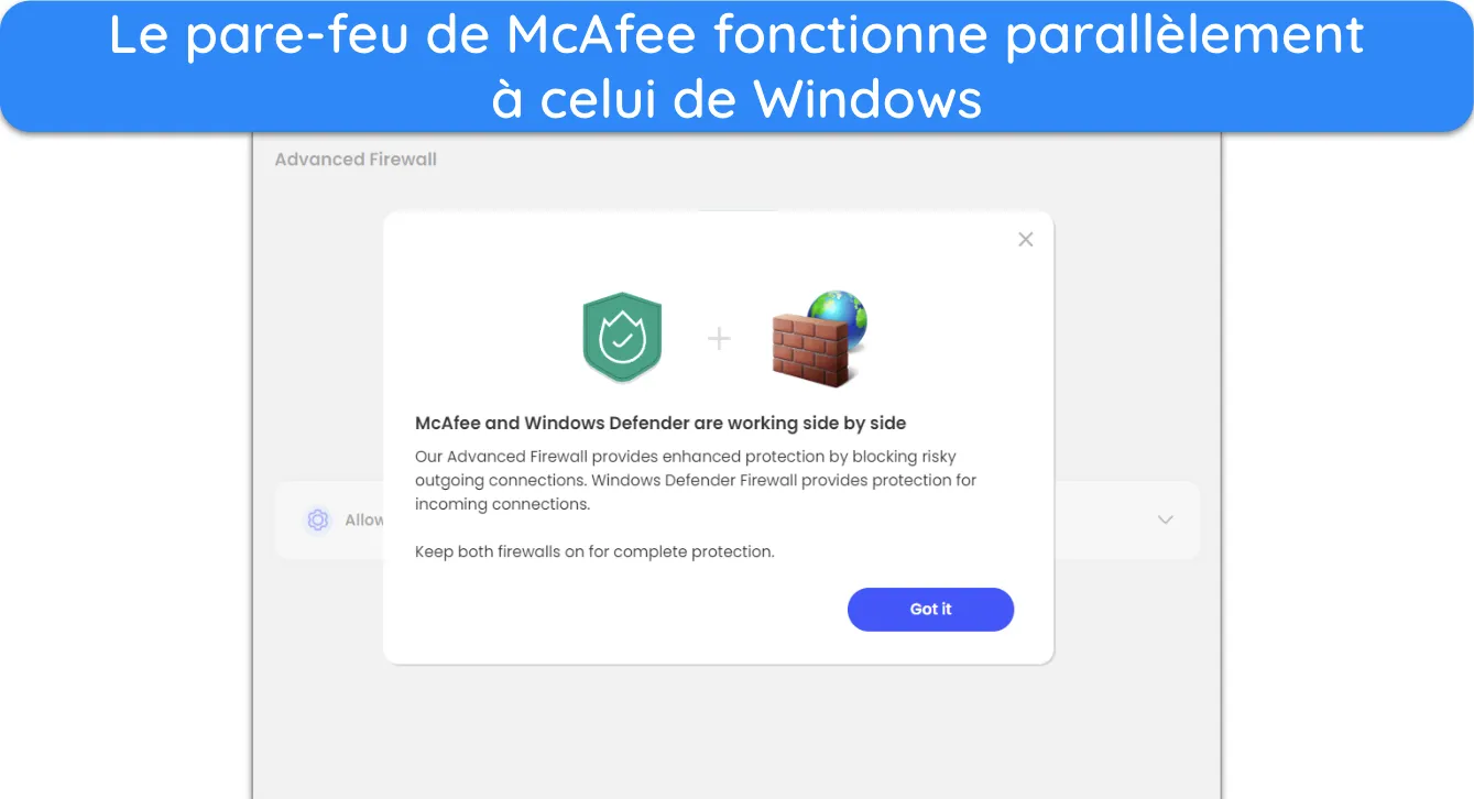 Capture d'&eacute;cran montrant le pare-feu de McAfee fonctionnant avec le pare-feu de Windows.
