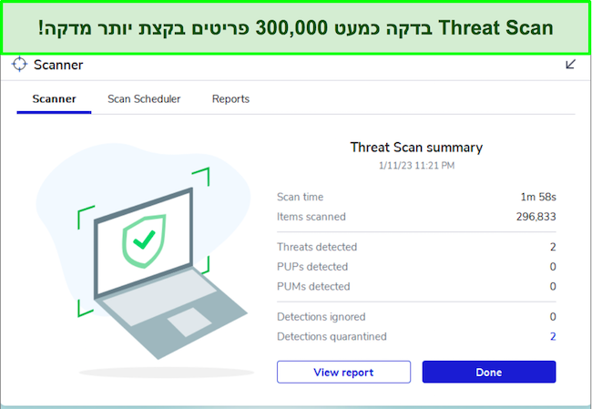 סקירת Malwarebytes המדגישה את ממשק תכונת סריקת האיומים.