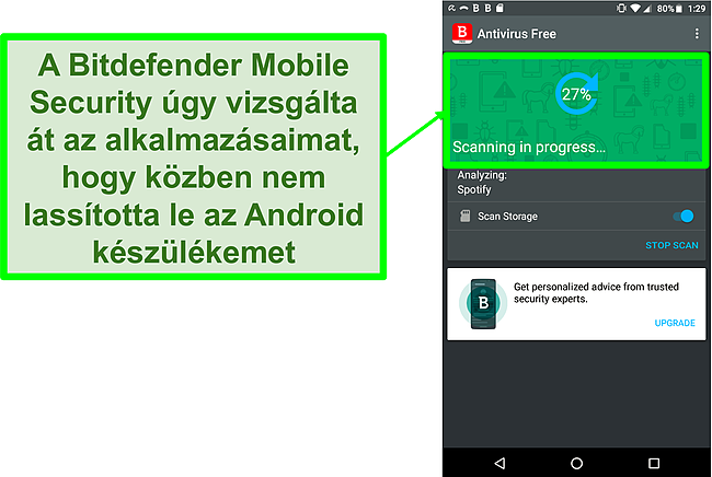 Pillanatk&eacute;p a Bitdefender Mobile Security ingyenes verzi&oacute;j&aacute;r&oacute;l, amely Android mobil eszk&ouml;zt vizsg&aacute;l