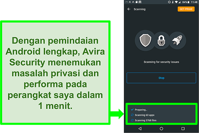 Tangkapan layar pemindaian yang sedang berlangsung menggunakan Avira Security gratis untuk Android