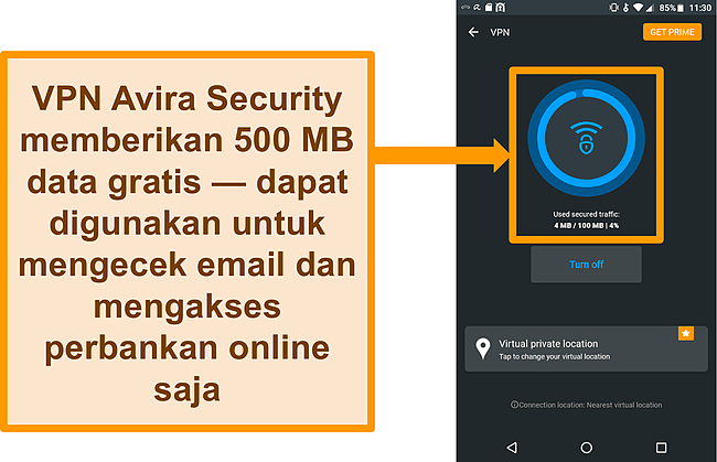 Tangkapan layar VPN Android gratis Avira Security terhubung