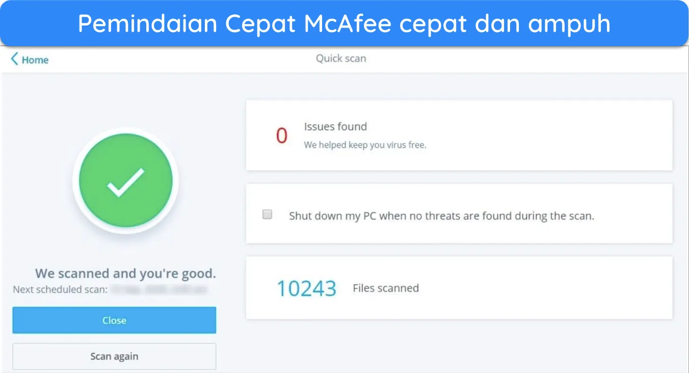 Cuplikan layar yang menunjukkan hasil Pemindaian Cepat McAfee.
