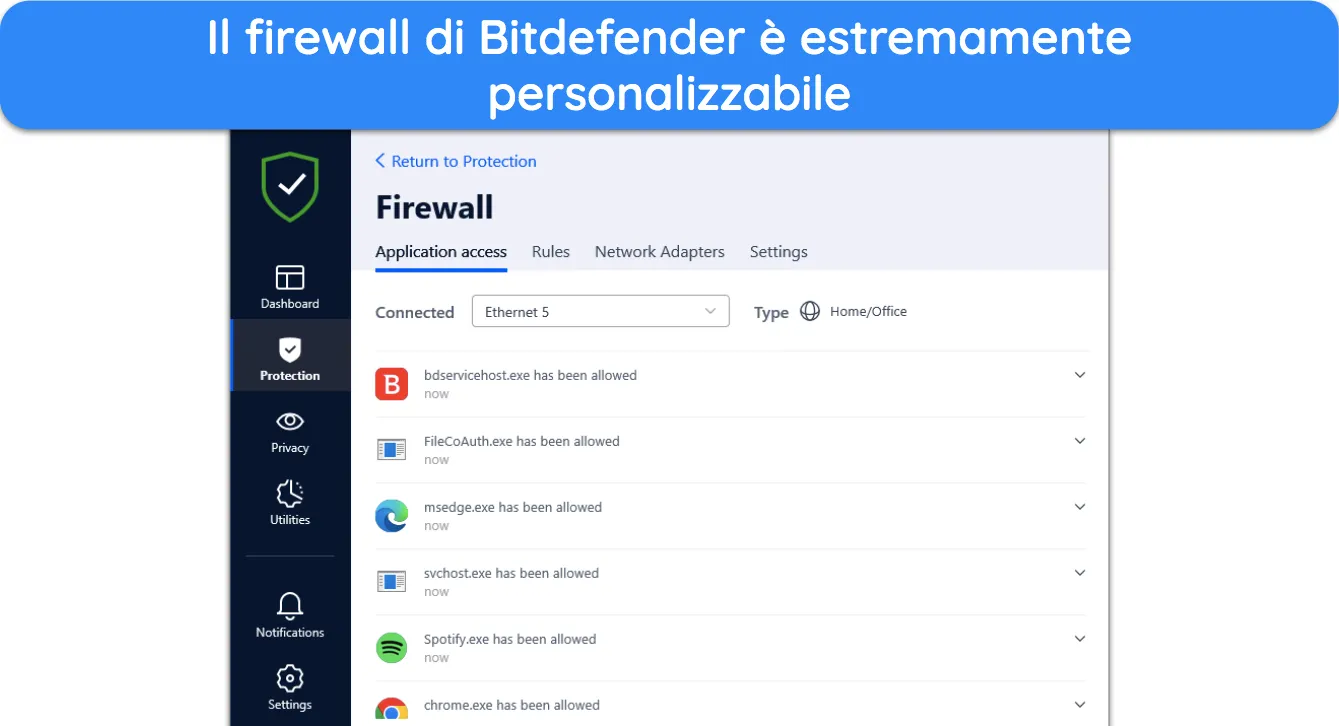 Puoi personalizzare le impostazioni del firewall di Bitdefender a tuo piacimento.