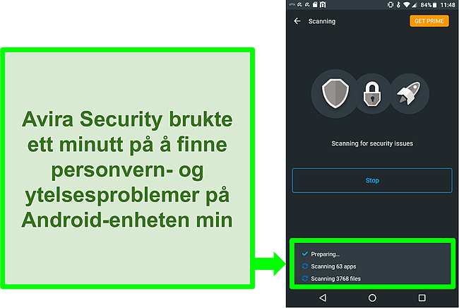 Skjermbilde av en skanning p&aring; fremdrift med Avira Security gratis for Android