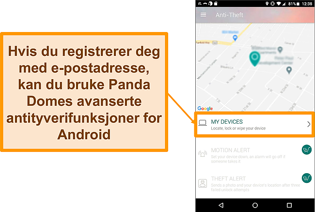 Skjermbilde av Panda Dome's tyverisikringssystem p&aring; en Android-mobilenhet