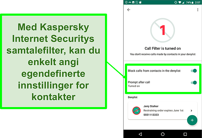 Skjermbilde av Kaspersky Internet Securitys samtalefilterfunksjon p&aring; en Android-mobilenhet