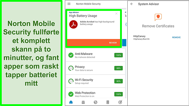 Skjermbilde av en skanning p&aring; Android ved hjelp av Norton Mobile Security