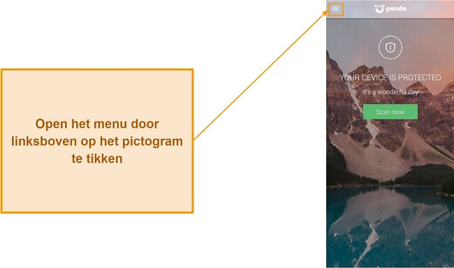 Schermafbeelding van het openen van het hoofdmenu van Panda Dome
