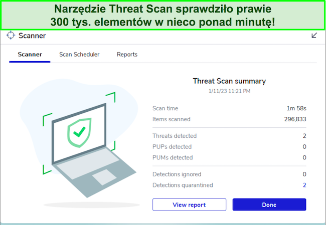 Recenzja Malwarebytes podkreślająca interfejs funkcji skanowania zagrożeń.