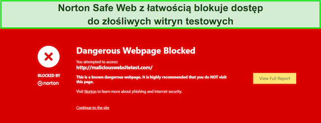 Recenzja Nortona pokazująca funkcję bezpieczeństwa, w kt&oacute;rej Safe Web blokuje dostęp do witryn testujących złośliwe oprogramowanie.