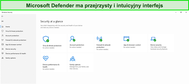 Zrzut ekranu gł&oacute;wnego menu Microsoft Defender