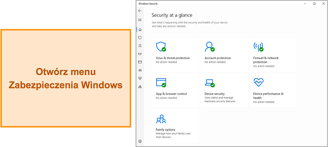 Zrzut ekranu gł&oacute;wnego menu Zabezpieczenia systemu Windows