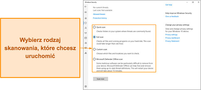 Zrzut ekranu przedstawiający r&oacute;żne dostępne typy skanowania programu Microsoft Defender