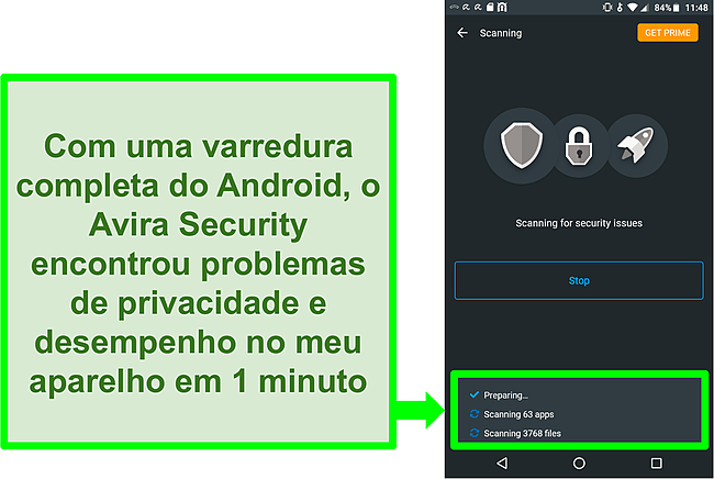 Captura de tela de uma verificação em andamento usando o Avira Security gratuitamente para Android