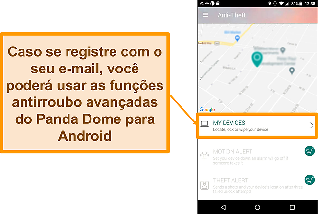 Captura de tela do sistema antifurto do Panda Dome em um dispositivo móvel Android