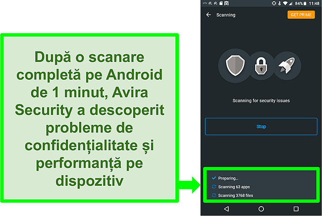 Captură de ecran a unei scanări în progres utilizând Avira Security gratuit pentru Android