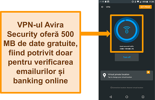 Captură de ecran a VPN-ului Android Android gratuit Avira Security conectat