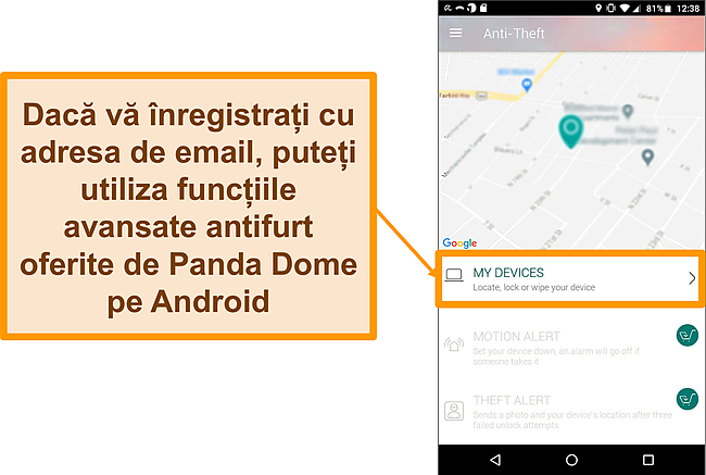 Captură de ecran a sistemului antifurt Panda Dome pe un dispozitiv mobil Android