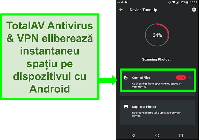 Captură de ecran a funcției de curățare a dispozitivului în TotalAV Antivirus și VPN pentru Android