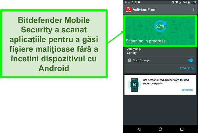 Captură de ecran a versiunii gratuite Bitdefender Mobile Security care scanează un dispozitiv mobil Android