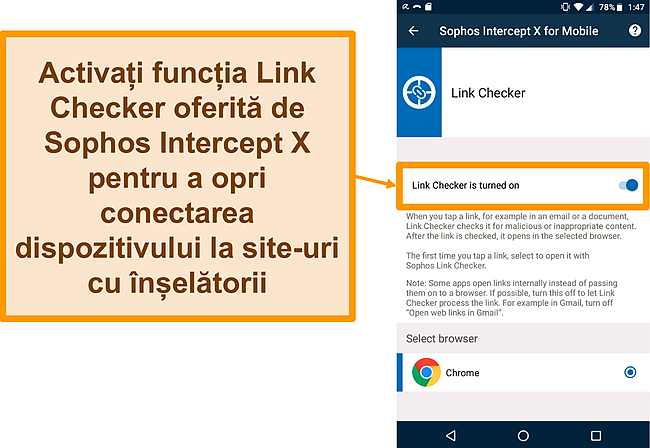 Captură de ecran a Link Checker din aplicația gratuită pentru Android Sophos Intercept X