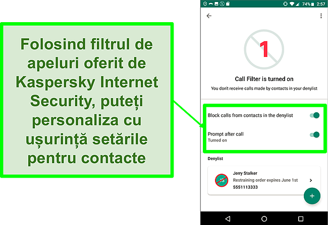 Captură de ecran a funcției de filtrare a apelurilor Kaspersky Internet Security pe un dispozitiv mobil Android