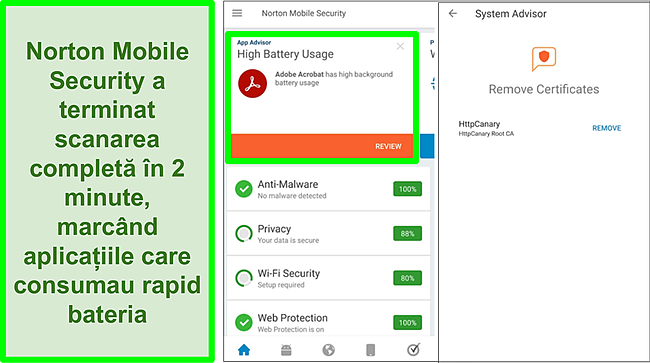 Captură de ecran a scanării pe Android utilizând Norton Mobile Security